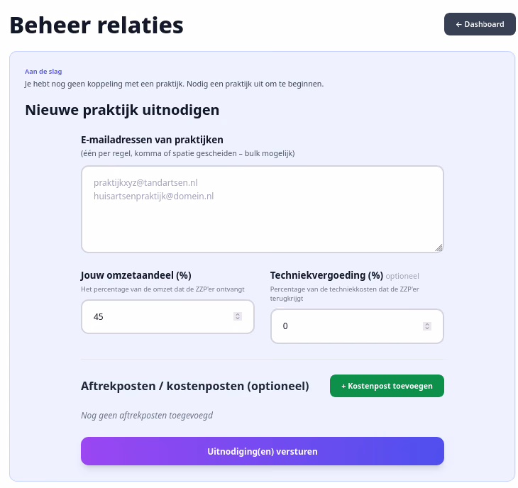 Relaties-pagina — nieuwe praktijk uitnodigen formulier met e-mailadres en percentage